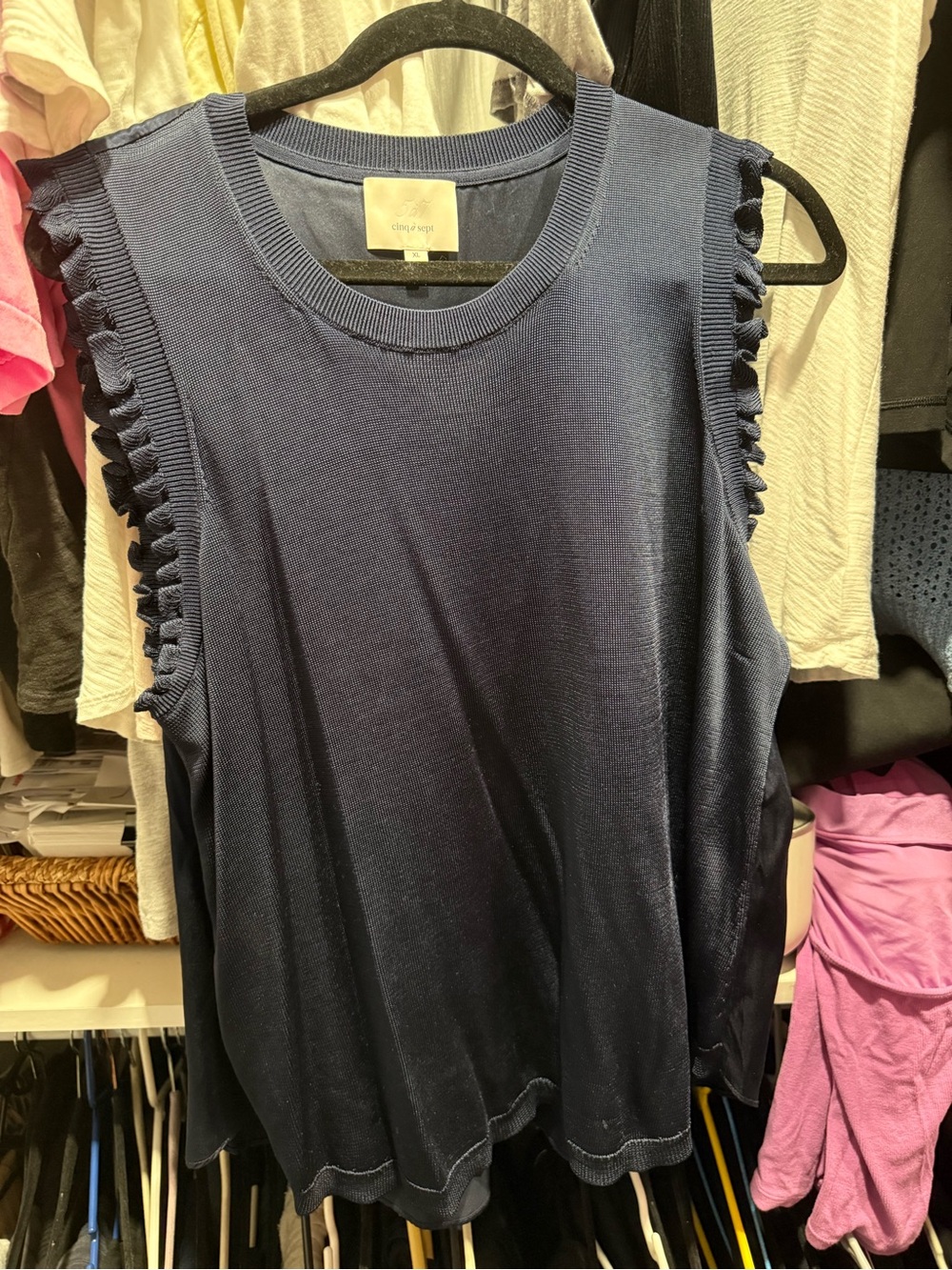 cinq a sept Navy Ruffle-Trim Sleeveless Top